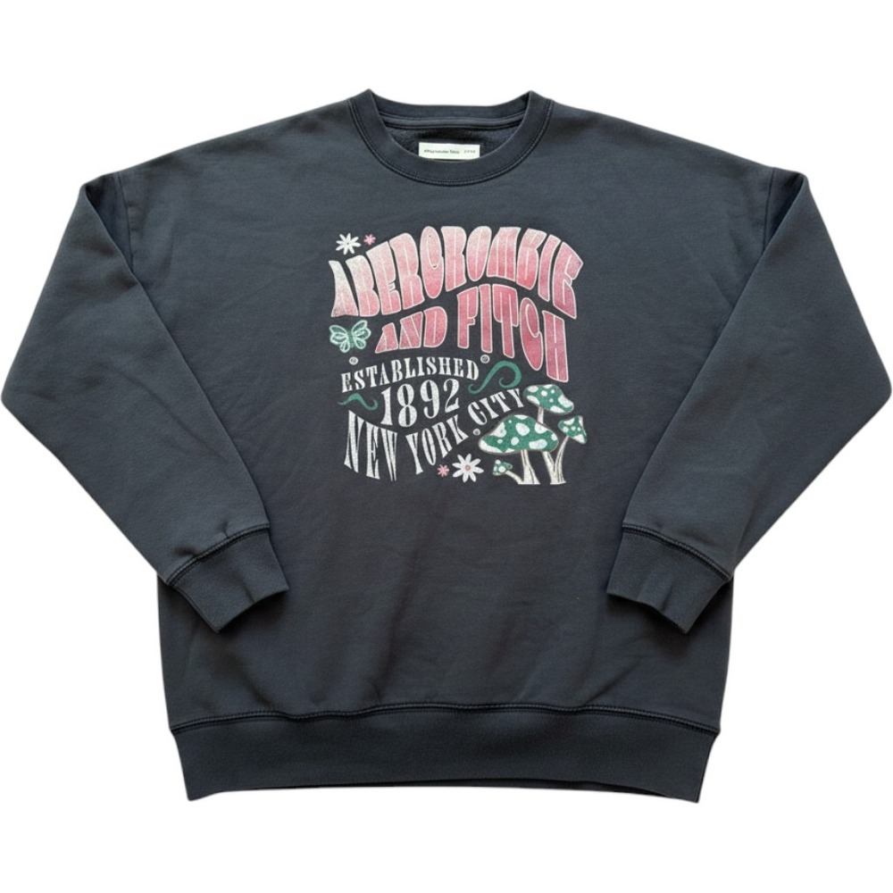 Abercrombie Kids Sweatshirt 15/16 Gray Mushroom Graphic Crewneck Distressed